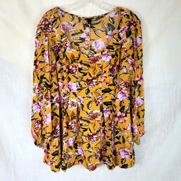 Torrid yellow pink green scoop neck flowy moody floral top with pleats boho 3X - Picture 13 of 13